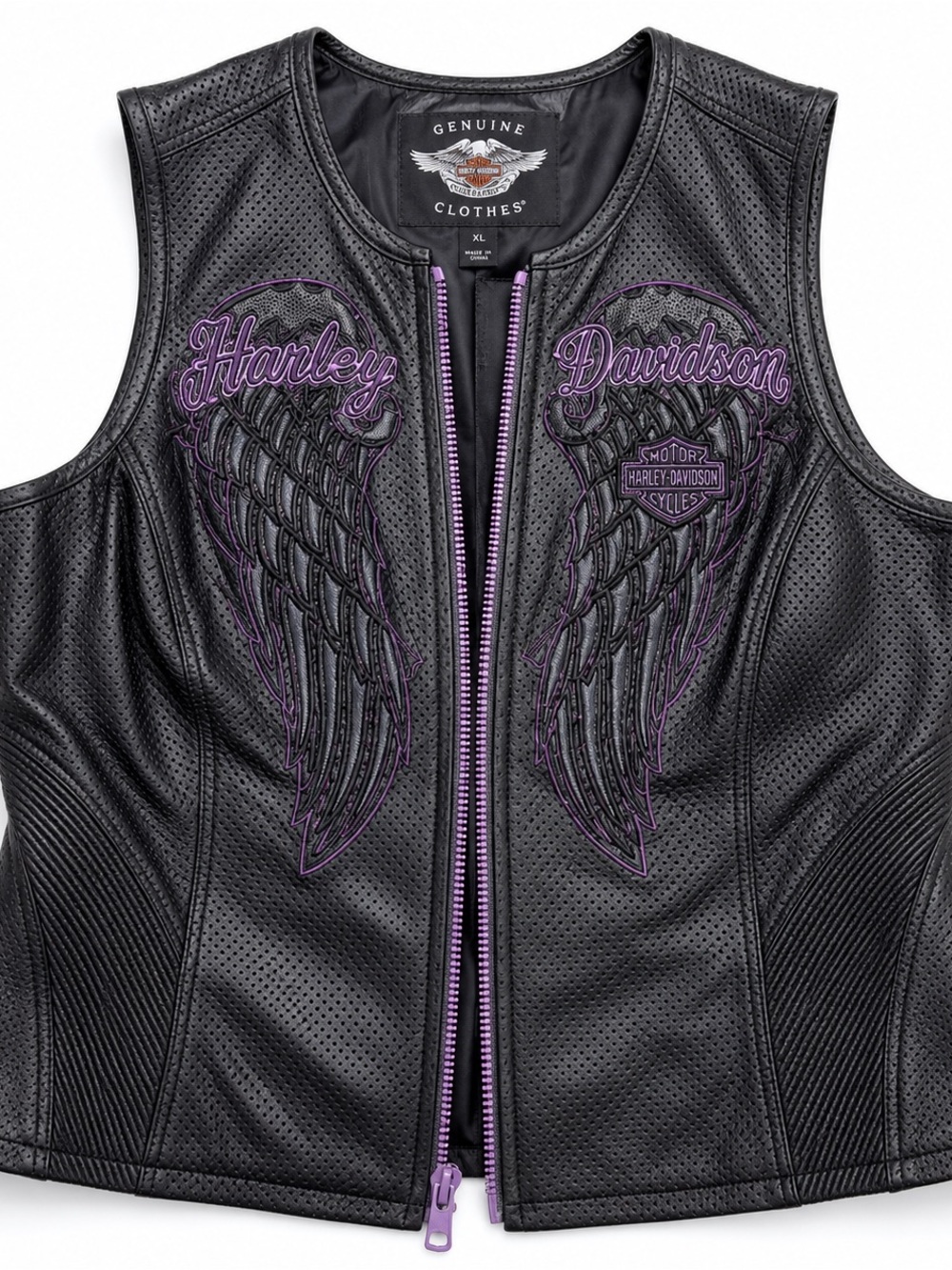 Harley Davidson Night Angel Womens XL Black Leather Vest 97005-14VW Purple Wings - Picture 2 of 11